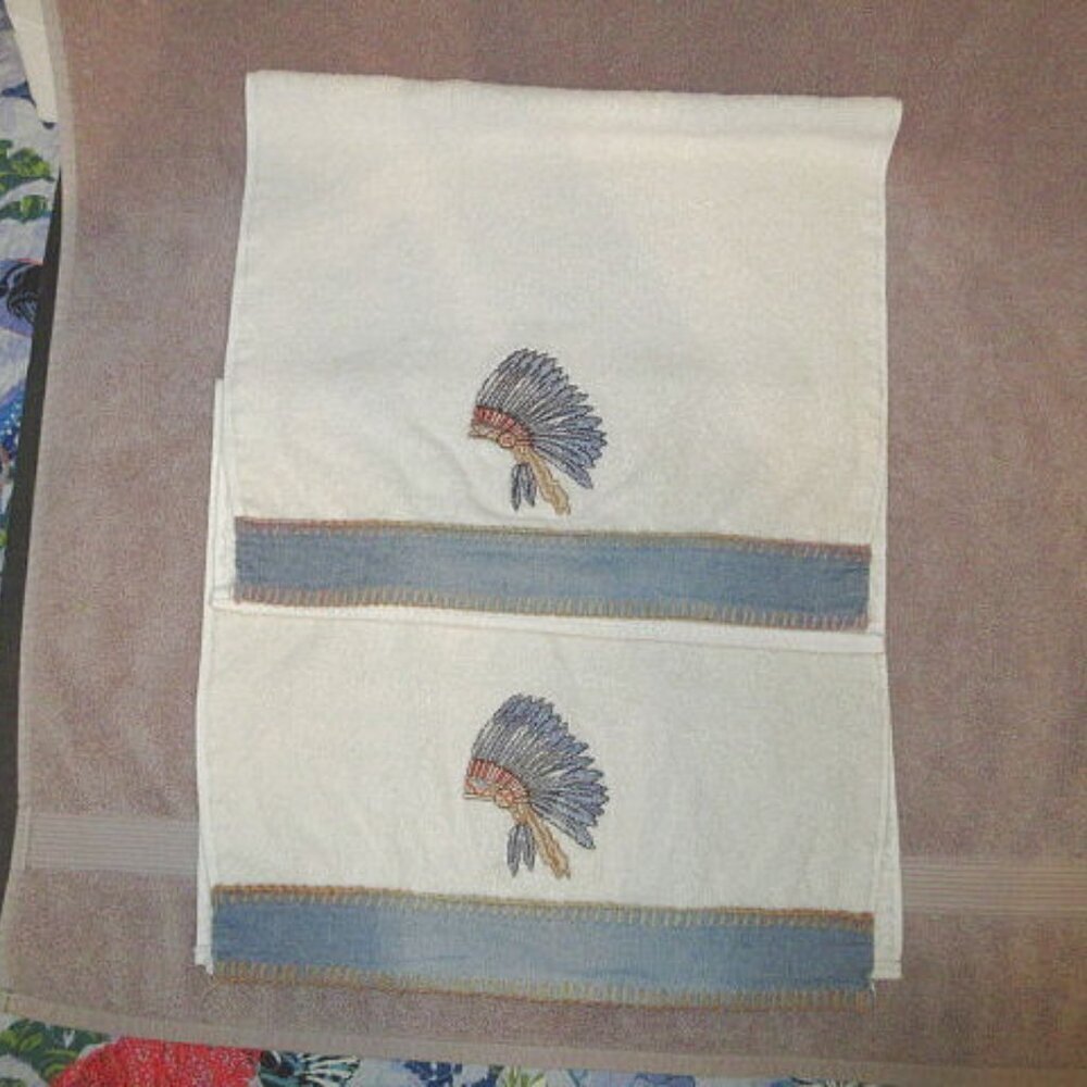 Vtg Native American Headress Hand Towels Set Of 2 Cotton Southwest Tribal USA